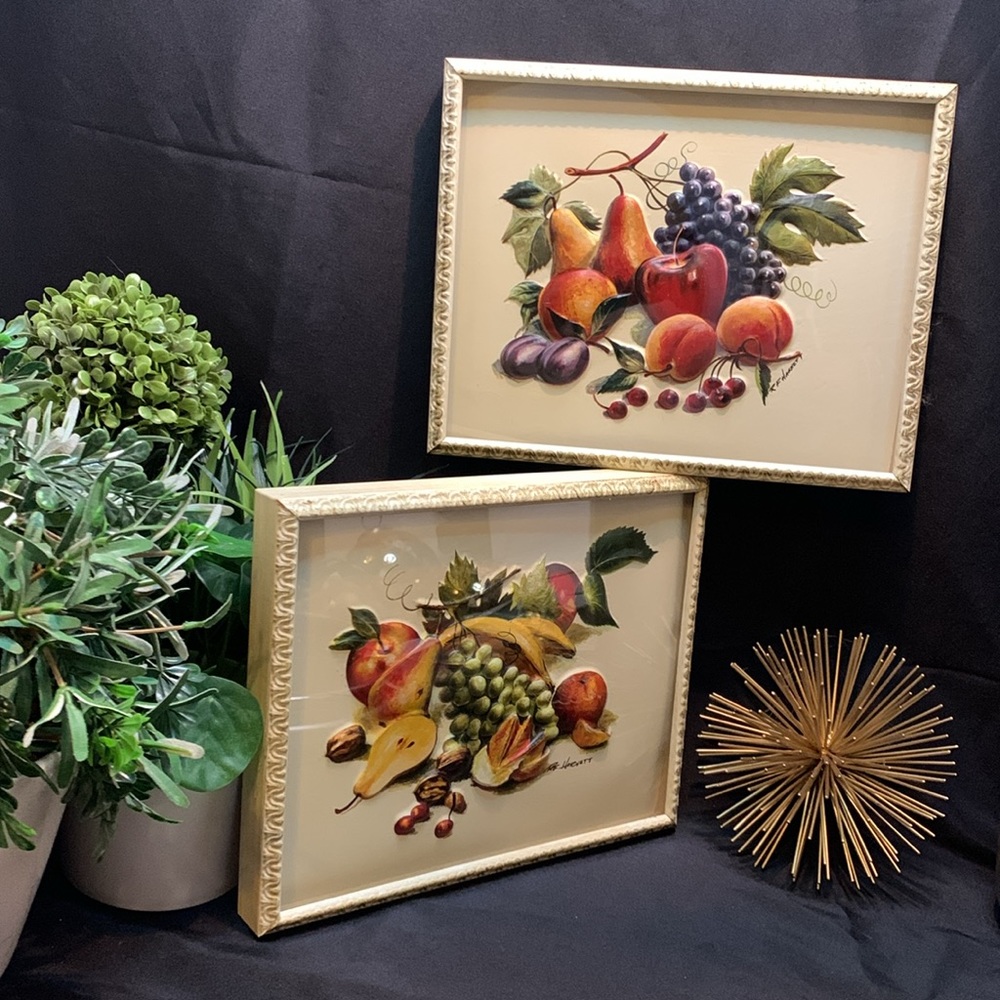 Set of 2 Vintage RF Harnett Raised Relief Framed Fruit Art pictures / plaques